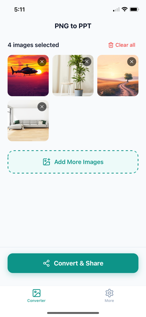 PNG to PPT Converter - PNG to PPT Converter app screen showing selected images ready for conversion to a PowerPoint presentation