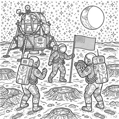 Embark on an epic artistic journey with this highly detailed adult coloring page featuring the iconic Moon Landing. Immerse yourself in the historical moment, bringing the lunar surface and heroic astronauts to life with your colors.