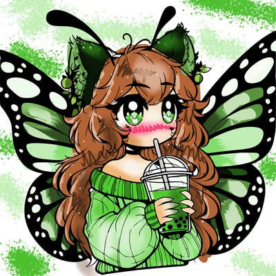 a realistic butterfly/furry girl drinking boba