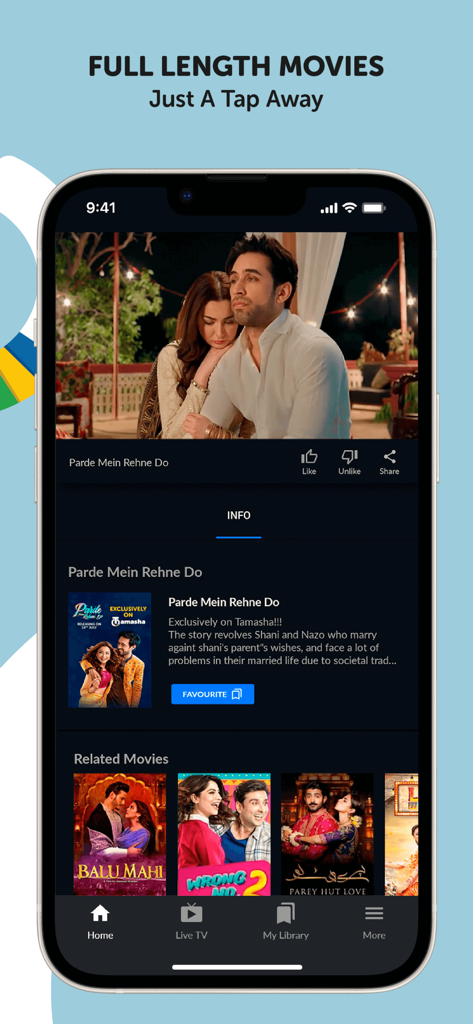Tamasha: Live TV, Movie, Drama - Interfaccia mobile dell'app Tamasha che mostra una pagina di streaming di film con titoli di film pakistani correlati