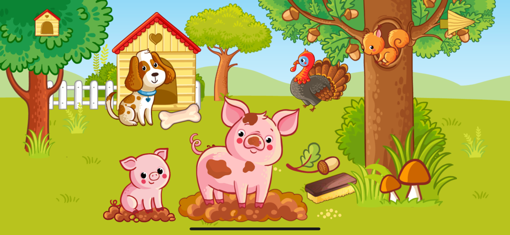 Farm animal pet games for kids - Escena colorida de una granja de dibujos animados con un perro, cerdos en el barro y un pavo del juego educativo Granja Divertida para niños pequeños.