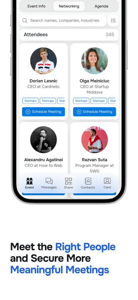 Cardneto – Event Networking - Schermata dell'app Cardneto che mostra un elenco di partecipanti all'evento con foto profilo e opzioni per pianificare incontri.