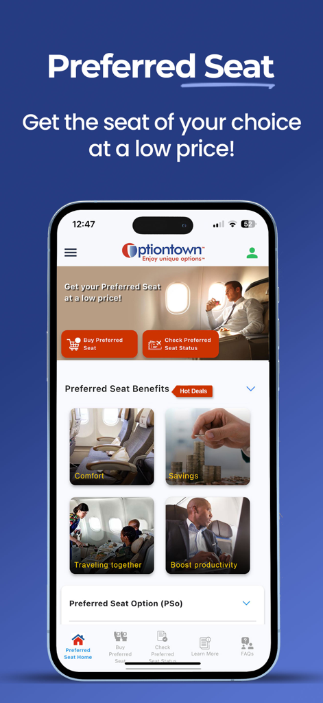 App mobile Optiontown che mostra la selezione del posto preferito con vantaggi di viaggio.