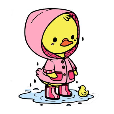 baby duck in a rain coat and boots, in a puddle while it’s raining