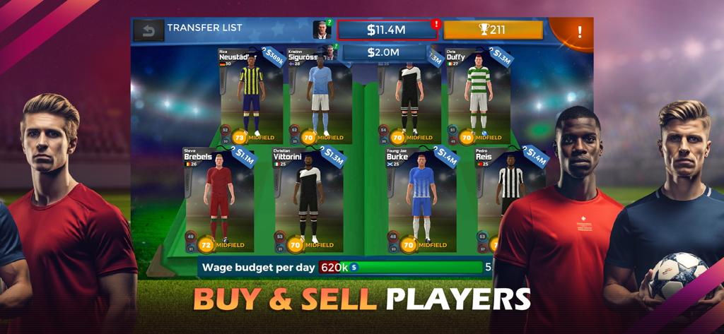 Pro 11 - Soccer Manager Game - Pantalla de lista de fichajes de Pro 11 Soccer Manager que muestra tarjetas de jugadores con valores de mercado y estadísticas