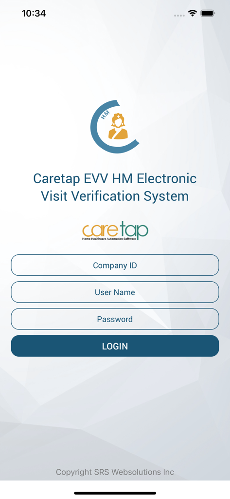 Caretap EVV HM - Login screen for the Caretap EVV HM Electronic Visit Verification System app showing fields for Company ID User Name and Password