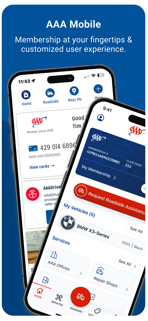 Interface do aplicativo AAA Mobile mostrando um cartão de membro digital e o recurso de solicitação de assistência na estrada