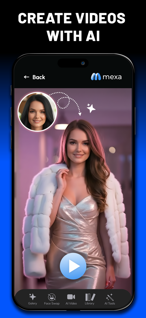 Mexa - Photo & Video with AI - Mexa app interface showing AI video face swap feature with a woman in an elegant dress