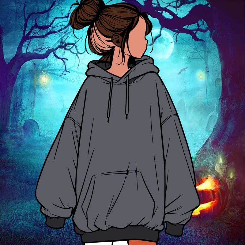 realistic girl with a oversized sweatshirt on and a bun