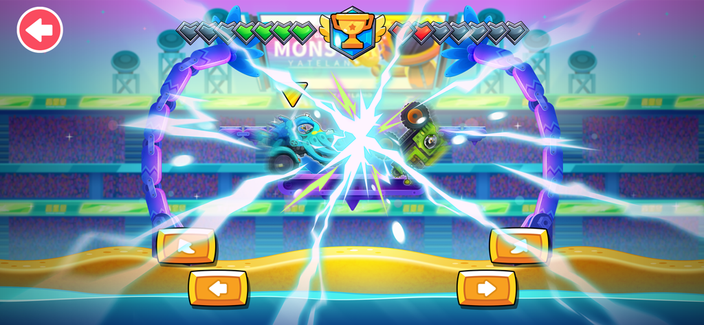 Monster Truck Games kids - Zwei Monstertrucks kollidieren mit hellen Blitzeffekten in einer Stadionarena