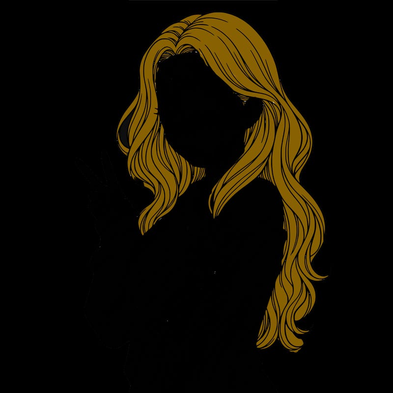 a girl with long hair. make only from her waist up showing and she is wearing g a sweater the is half off her shoulder. she needs to hold one peace sign. make her have no mouth, only have eyes. make her whole body facing the camera. and no black hair.