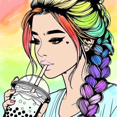 realistic girl drinking boba tea with braided hair