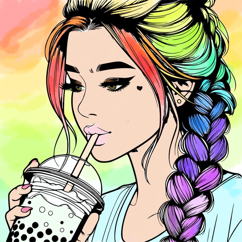 realistic girl drinking boba tea with braided hair