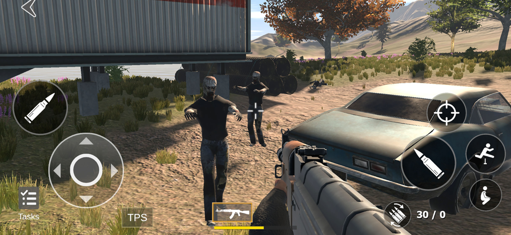 Logan - FPS Game Creator - First person shooter gameplay showing a player with a rifle facing zombies in a custom level.