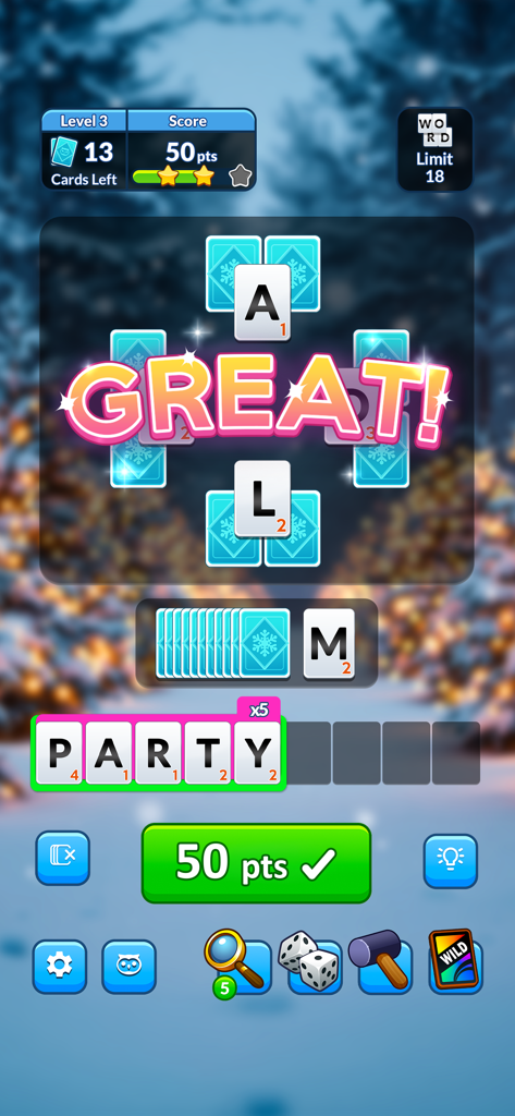 Wordscapes Solitaire Word Game - Wordscapes Solitaireのスクリーンショット。雪の冬の背景に文字カードで「PARTY」という単語が形成されている様子が表示されています。