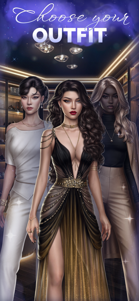 Seven Hearts Stories - Charakteranpassungsbildschirm, der drei elegant gekleidete Frauen in einem luxuriösen Ankleideraum mit dem Text Wähle dein OUTFIT zeigt