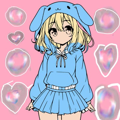 pretty anime girl wearing a fluffy hoodie with bunny ears on the hood and a skirt