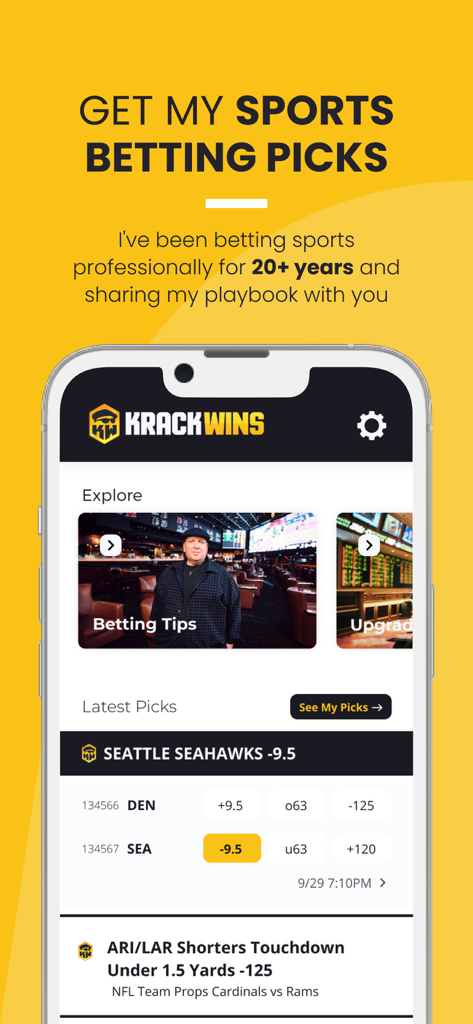 KrackWins - KrackWins app home screen displaying professional sports betting picks and odds.