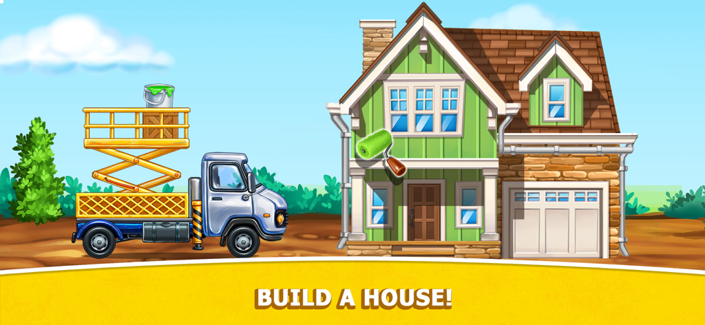 A blue construction truck with a scissor lift painting a green house in a city building game for kids.