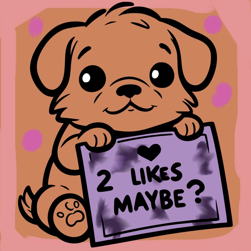 a puppy holding a sign that says 2 likes maybe?