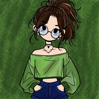 girl with a messy ponytail glasses a baggy crop top and jean shorts