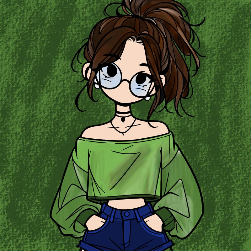 girl with a messy ponytail glasses a baggy crop top and jean shorts