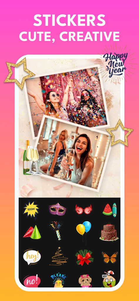 Pic Collage Maker - Photo Grid - Interfaz de una aplicación de collage de fotos que muestra varias pegatinas lindas para decorar fotos de celebraciones como Año Nuevo y fiestas