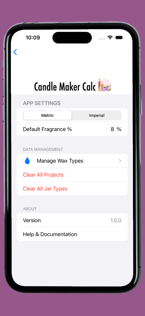 App settings screen for The Candle Maker Calculator showing unit selection and fragrance percentage configuration