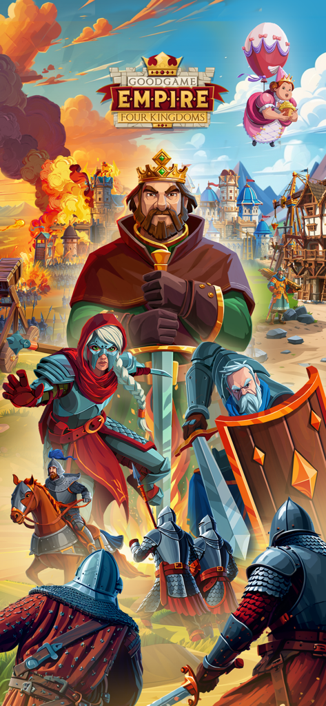 Promotional artwork for Empire Four Kingdoms featuring a king and medieval warriors in battle