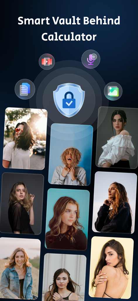 Calculator Lock : Hide Video - Una interfaz que muestra una función de bóveda inteligente para ocultar fotos y videos detrás de una calculadora