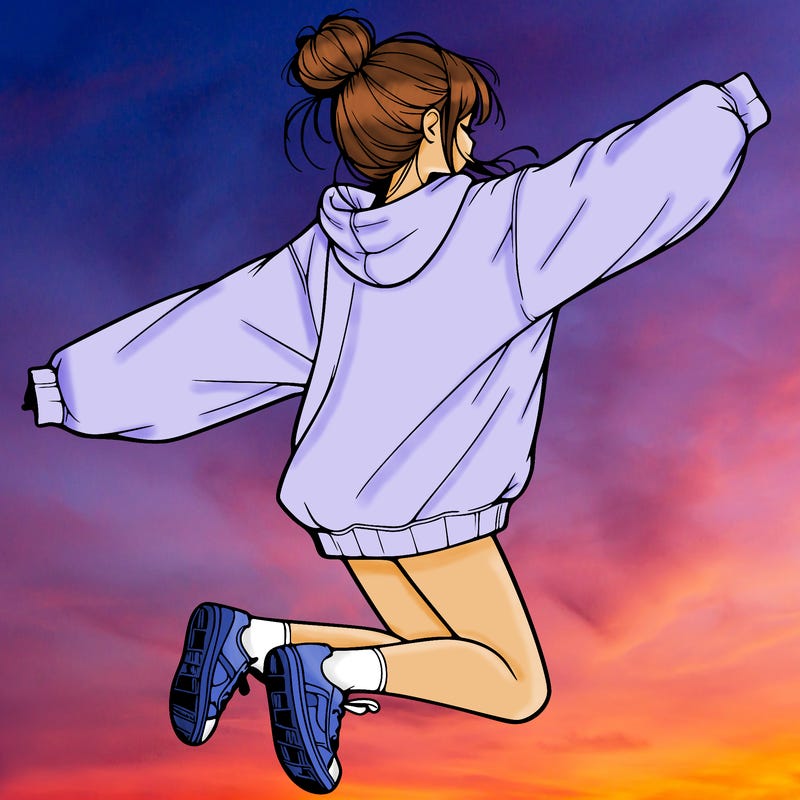 realistic girl jumping with a bun and oversized sweatshirt