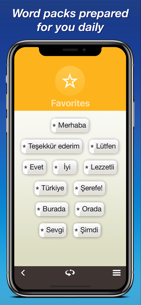 Turkish by Nemo - A smartphone screen displaying essential Turkish words and phrases for travelers within the Nemo app