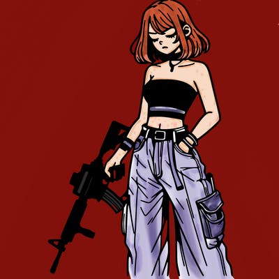 a dangerous girlcrop top and baggy jeans with a rifle in her hand