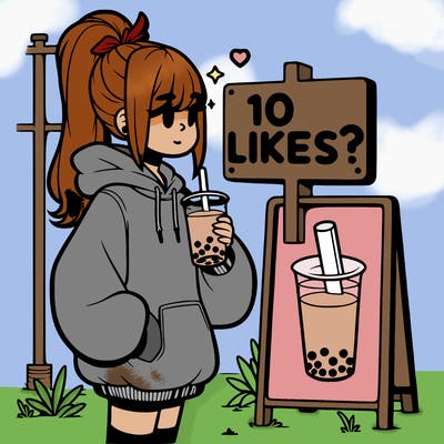 girl with oversized hoodie drinking boba and she has a high ponytail with a sign that says 10likes?
