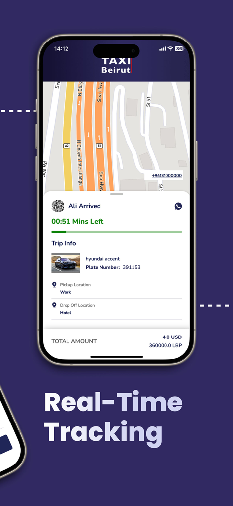 Taxi Beirut - Pantalla de seguimiento de viaje en tiempo real de la aplicación móvil Taxi Beirut.