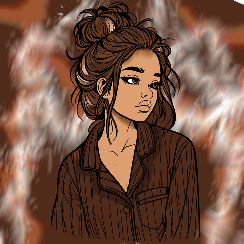 realistic woman with pajamas on and a messy bun