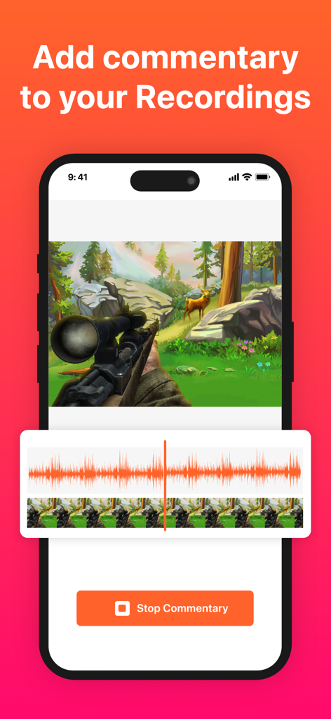 Interfaz de la aplicación Grabadora de Pantalla mostrando la función de comentarios de audio sobre un vídeo grabado de un juego móvil