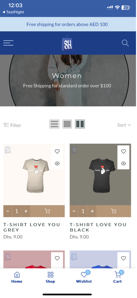 SH Shopping - Women category products screen in SH Shopping mobile app with t-shirts and shipping info