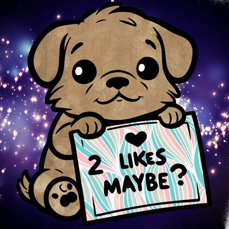 a puppy holding a sign that says 2 likes maybe?