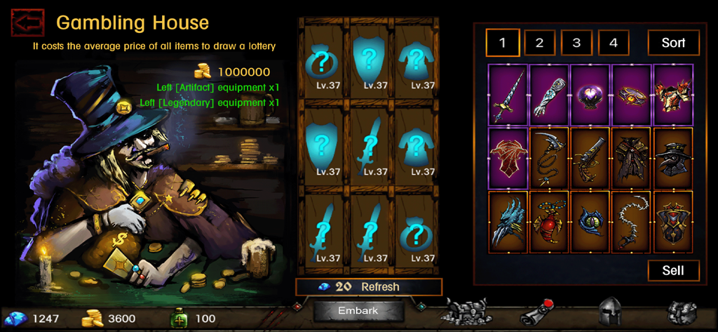 Dungeon Survival - Dungeon Survival Gambling House screen showing a merchant and various equipment loot options