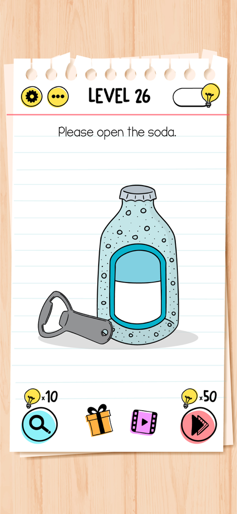 Livello di gioco Brain Test 26 che mostra una bottiglia di soda e un apriscatole con l'istruzione di aprire la soda.