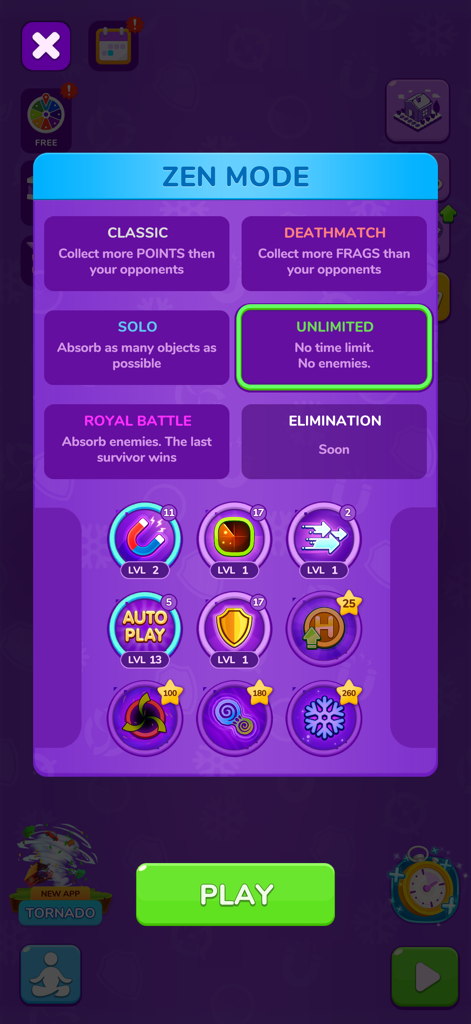 Holein. hole io blackhole game - Holein game menu showing Zen Mode options like Classic Solo and Unlimited with various power-up icons and a play button