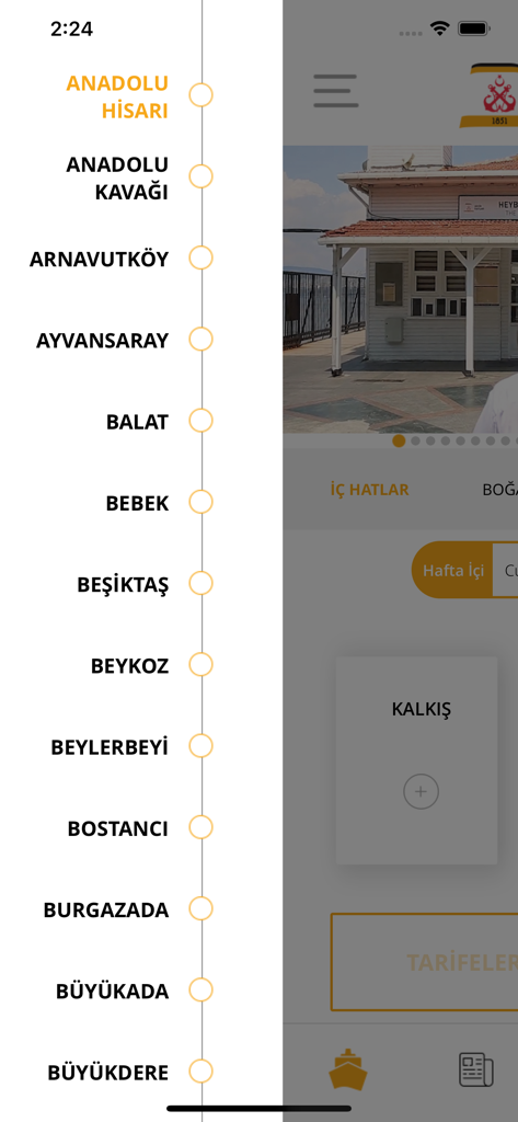 Şehir Hatları - Mobile app screen displaying a list of Istanbul ferry stops and route options.