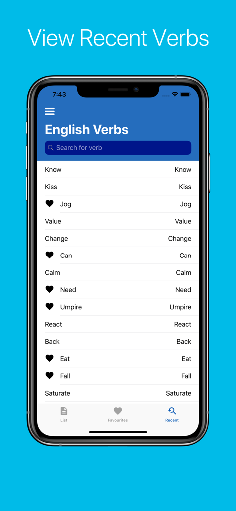 Interfaz de la aplicación English Verb Conjugator que muestra una lista de verbos buscados recientemente con marcadores de favoritos.