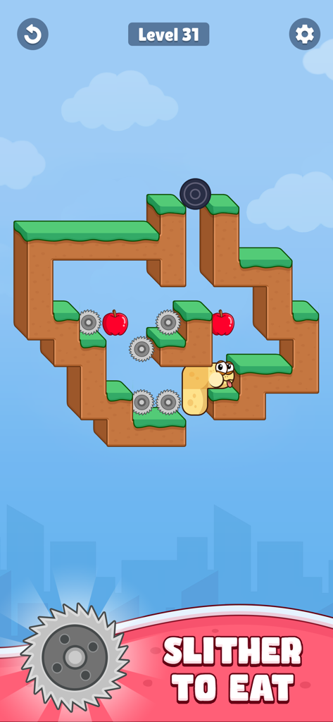 Snake Puzzle: Slither Master - Yellow snake navigating a puzzle level with apples and saw blade traps