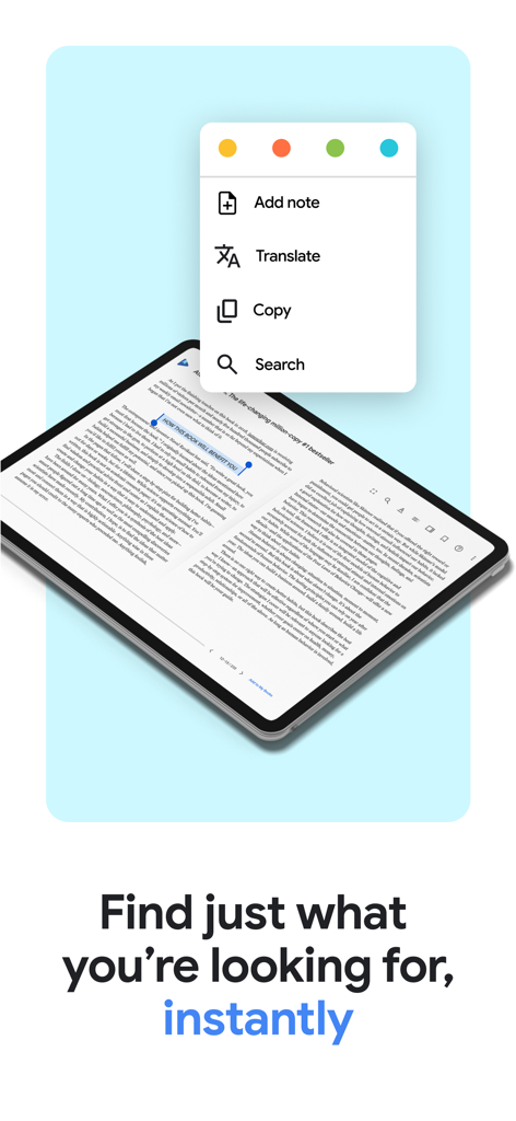 Google Play Books & Audiobooks - Interfaz de la aplicación Google Play Libros que muestra herramientas inteligentes para agregar notas y buscar texto en la página de un libro electrónico