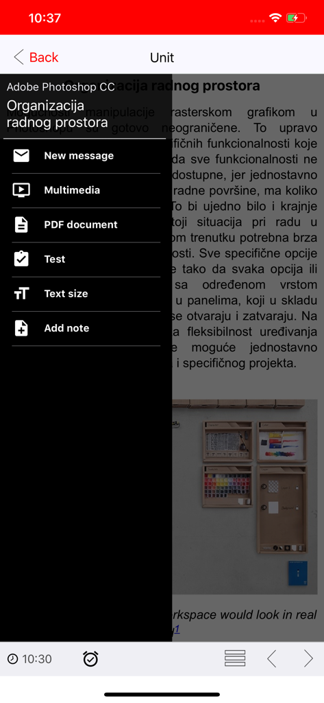 ITAcademy DLS - ITAcademy DLS app interface showing an Adobe Photoshop course lesson with a side navigation menu for multimedia, tests, and notes.