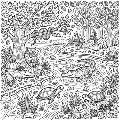 Explore the wonders of autumn by the river with this captivating coloring page featuring charming river reptiles. Bring to life alligators, turtles, and a slithering snake amidst a beautiful fall landscape, complete with pumpkins and colorful leaves.