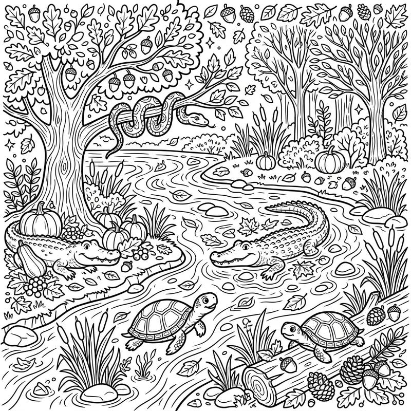 Explore the wonders of autumn by the river with this captivating coloring page featuring charming river reptiles. Bring to life alligators, turtles, and a slithering snake amidst a beautiful fall landscape, complete with pumpkins and colorful leaves.