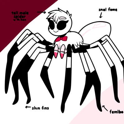a tall spider male who is thin with white fur and pink spots and is also a striper, and is a femboy